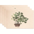 Set of four beige placemats with tropical green plant leaf watercolor pattern - Watercolor Money Tree Style (款式23)