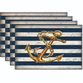 Set di 4 tovagliette in lino con ancora dorata su strisce blu navy e bianche - Stile a Righe Orizzontali Blu Navy con Ancora Dorata e Catena (18)
