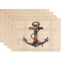 Set of 4 linen placemats featuring a colorful artistic anchor design and rope detail - Painted Art Anchor Style (zd18)