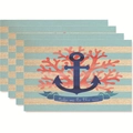 Set di 4 tovagliette in lino con ancora e corallo su strisce blu e beige chiaro - Stile a Righe Blu Chiaro con Corallo e Testo Ancora (19)