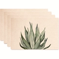 Set of 4 heat-resistant placemats with green succulent print on linen texture - Agave Watercolor Style (款式26)