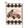 Bandiera da giardino natalizia con camion rosa vintage e bordo a scacchi in lino - Camion Rosa Auguri di Stagione (12) / 45*30cm