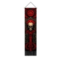 Gothic skull wall tapestry with red mystic runes and black tassels on a wooden rod - Realistic Skull Style / 32.5x130cm