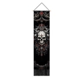 Vertical gothic skull tapestry featuring wood hanger and black fringe tassel decor - B&W Geometric Skull Style / 32.5x130cm