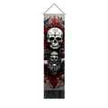 Macro shot of gothic skull tapestry with red geometry, wood rod and black tassels - Insect Rose Skull Style / 32.5x130cm