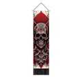 Detailed skull art tapestry with wood hanging rod and black decorative tassels on a white wall - Illustration Design Skull Style / 32.5x130cm