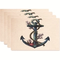 Set of 4 rectangular placemats featuring anchor and coral nautical patterns on beige fabric - Style 21 / 45*30 (flax)