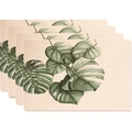 Set of 4 placemats featuring watercolor Monstera leaf pattern on beige linen fabric - Monstera Smudge Style (款式28)