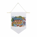 Detail of white cotton linen camping flag with wooden rod and summer camp print - 30x45cm / Summer Camp Colorful Cartoon Style 4