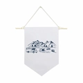 Close-up of a white canvas camping flag with navy blue mountain and forest illustrations - 30x45cm / Outdoor Camping Minimalist Line Style (Style-5)