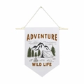 Detail of canvas camping flag with wood pole showing adventure and wildlife patterns - 30x45cm / Adventure Wild Life Vintage Style (Style-6)
