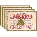 Set of 4 Merry Christmas placemats with green trees and stars on linen texture - Style 29