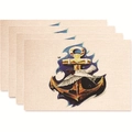 Set of 4 vintage nautical placemats with anchor and swallow print on linen fabric - Flying Swallow Anchor Vintage Style (zd22)