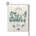 Detail of linen Father's Day garden flag featuring teal lettering and tie graphics - Teal Font Round Hat Mustache Style (9)