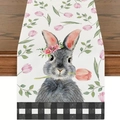 Linen table runner featuring a grey rabbit with floral wreath and tulip patterns - 33*180cm / Watercolor Grey Bunny Tulip Plaid Style (ZQ15-6)