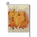 Detailed close-up of double-sided autumn pumpkin garden flag on black metal stand - Harvest Pumpkin Assortment (Style 13) / 45*30cm