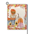 Detailed view of linen garden flag with watercolor pumpkin and sunflower prints - Autumn Pumpkin Sunflower Maple Leaf Style