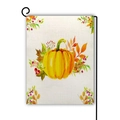 Detail of linen garden flag showing watercolor pumpkin pattern and autumn leaves texture - Watercolor Pumpkin Berry Style