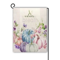 Detail of autumn breath garden flag with watercolor pumpkins and black metal stand - Autumn Breath Blue Pink Pumpkin Style