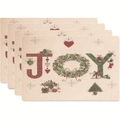 Set of 4 rustic Merry Christmas table mats with JOY wreath design and festive patterns - Style 31