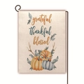 Close-up of linen garden flag with pumpkins and grateful thankful blessed script - Three Pumpkins Grateful Thankful Blessed (5) / 45*30cm