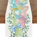 Linen Easter table runner featuring colorful cartoon rabbit prints on a white base - 33*180cm / Colorful Watercolor Eucalyptus Bunny Style (ZQ17-7)
