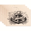 Set of 4 nautical anchor placemats with vintage weave texture and ocean wave design - Style 26 / 45*30 (flax)