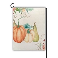 Vertical Thanksgiving garden flag with watercolor pumpkins and autumn berries on linen fabric - Multi-color Pumpkin Berry Leaves Style
