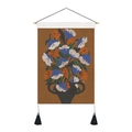 Detalle de tapiz floral con barra de madera, borlas negras y diseño de ramo retro - 35x50cm / Jarrón Azul Oscuro Con Flores Azules Y Blancas (Estilo-2)