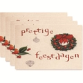 Set of 4 Merry Christmas placemats with beige linen texture and holiday wreath design - Style 33