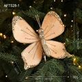 Champagne gold fabric butterfly clip with pearls and glitter for Christmas tree decor - Yellow Butterfly (AFTS28-1)