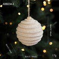 Creamy white 8cm woven cotton Christmas ball ornament with natural wood bead and rope hook - 8CM Raised Grid Style (ABB234-2)