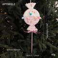 Pink and white candy cane Christmas tree ornament with colorful pom-poms and glitter - Flat Lollipop