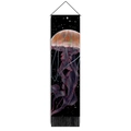 Detail of artistic jellyfish wall tapestry with glowing tentacles and black silk tassels - 32.5x130cm / Orange-Green Dreamy Jellyfish (Style-9)