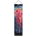Detailed view of dreamy jellyfish tapestry with wooden pole and black tassel fringes - 32.5x130cm / Red-Orange-Yellow Abstract Jellyfish (Style-8)