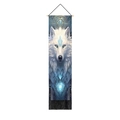 Detail of wall tapestry featuring white wolf print, light wood rod, and black fringe tassels - 32.5x130cm / Mystic Rune White Wolf