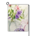 Autumn Breath linen garden flag with watercolor pumpkin and floral prints on black stand - Autumn Breath Watercolor Floral Pumpkin Style