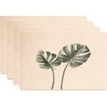 Set of 4 tropical monstera leaf printed placemats with minimalist cream linen texture - Monstera Twin Leaf Style (款式35)