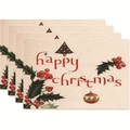 Set of 4 beige Christmas placemats with red happy christmas text and festive motifs - Style 35