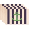 Set of 4 nautical placemats with purple stripes and a green anchor printed design - Style 29 / 45*30 (flax)