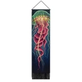Vertical jellyfish wall tapestry with green jellyfish art and black hanging tassels - 32.5x130cm / Deep Sea Green-Purple Gradient Jellyfish (Style-1)