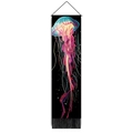 Vertical jellyfish wall tapestry with colorful illustration and black tassels hanging on wood - 32.5x130cm / Bright Illustration Jellyfish (Style-2)