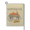 Burlap garden flag featuring pumpkins and Happy Fall Y'all text on metal stand - Happy Fall Y'all Pumpkin Cart Design