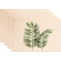 Set of 4 woven placemats with green tropical palm leaves on beige linen fabric - Tropical Palm Single Leaf Style (款式37)