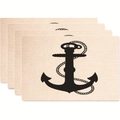 Set di 4 tovagliette rettangolari in lino con ancora nautica nera e motivi a corda - Ancora Nera e Corda (Stile 31)