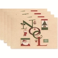Set of 4 linen Christmas placemats featuring NOEL print with Santa and tree motifs - Style 38