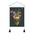 Tapiz bohemio con taza floral y mariposa, barra de madera y borlas negras - 35x50cm / Flores Silvestres En Taza Verde Con Mariposa (Estilo-7)