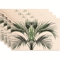 Set of four beige placemats featuring tropical green palm leaves with linen texture - Symmetrical Tropical Palm Leaf Style (款式39)