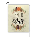 Linen garden flag with HELLO Fall lettering and pumpkins on a black metal stand - Hello Fall Pumpkin Design