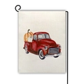 Bandiera da giardino in lino autunnale con camion d'epoca rosso, zucche e supporto - Stile Pickup Acquerello Rosso (10)